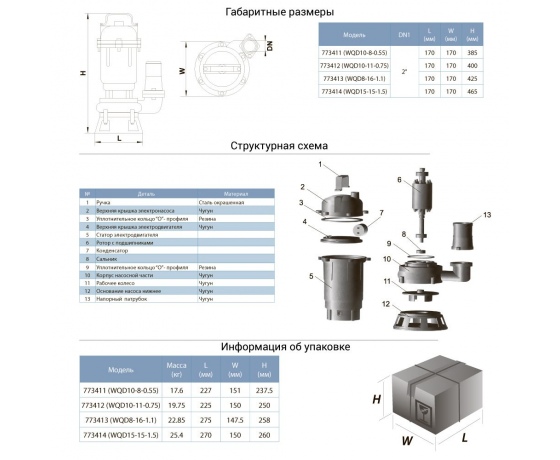 Фото 3 - Насос канализационный 1.1кВт Hmax 18м Qmax 350л/мин AQUATICA (773413)