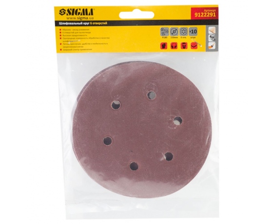 Фото 6 - Шлифовальный круг 6 отверстий Ø150мм P180 (10шт) SIGMA (9122291)