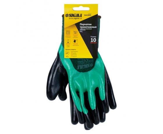 Фото 3 - Перчатки трикотажные с двойным нитриловым покрытием р10 (зелено-черные манжет) SIGMA (9443601)