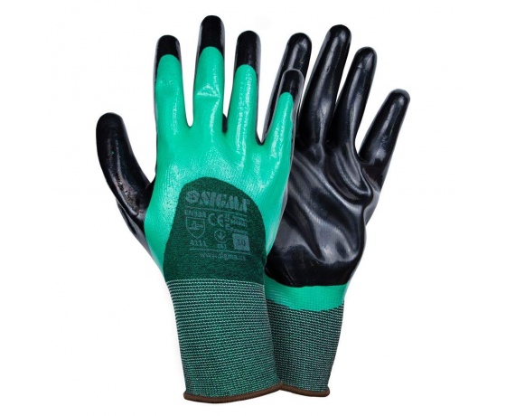 Фото 2 - Перчатки трикотажные с двойным нитриловым покрытием р10 (зелено-черные манжет) SIGMA (9443601)