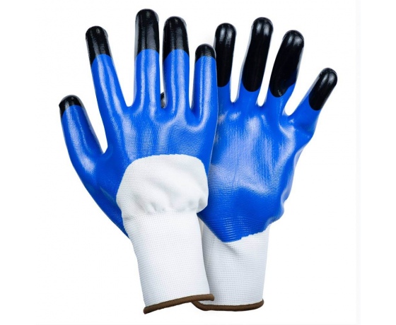 Фото 2 - Перчатки трикотажные с частичным нитриловым покрытием усиленные пальцы р9 (сине-черные манжет) SIGMA (9443631)