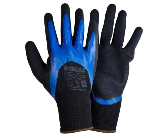 Фото 2 - Перчатки трикотажные с двойным нитриловым покрытием р10 (сине-черные манжет) SIGMA (9443681)