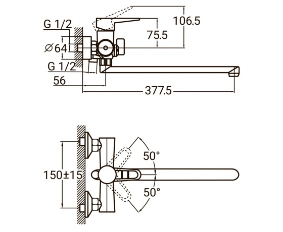 Фото 3 - Смеситель HK Ø35 для ванны гусак прямой 350мм дивертор встроенный картриджный AQUATICA (HK-2C230C)