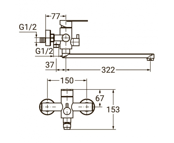Фото 3 - Смеситель HT Ø35 для ванны гусак прямой 325мм дивертор встроенный картриджный SS AQUATICA (HT-2C271P)