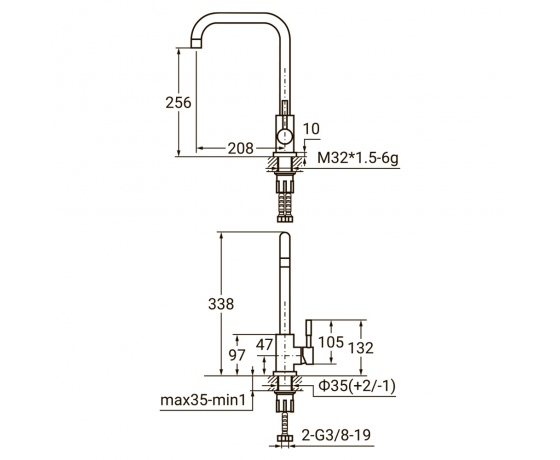 Фото 3 - Смеситель KT Ø35 для кухни Г-гусак на гайке SS AQUATICA (KT-4B270P)