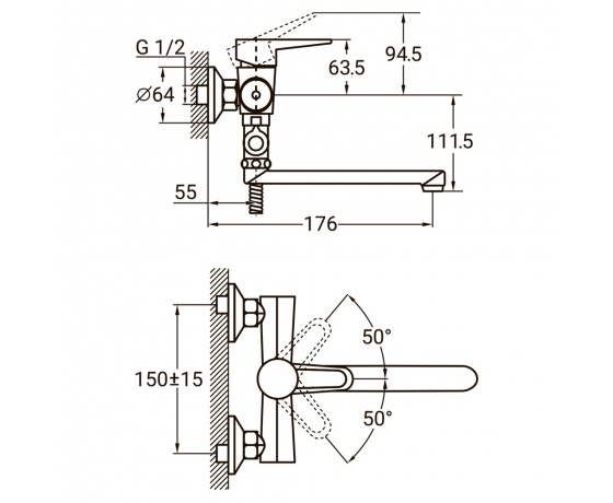 Фото 3 - Смеситель HL Ø35 для ванны гусак прямой 150мм дивертор выносной картриджный AQUATICA (HL-3C130C)