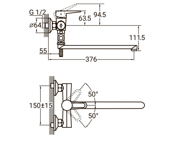 Фото 3 - Смеситель HL Ø35 для ванны гусак прямой 350мм дивертор выносной картриджный AQUATICA (HL-3C230C)