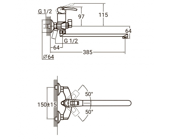 Фото 3 - Смеситель KM Ø35 для ванны гусак прямой 350мм дивертор встроенный картриджный AQUATICA (KM-2C233C)