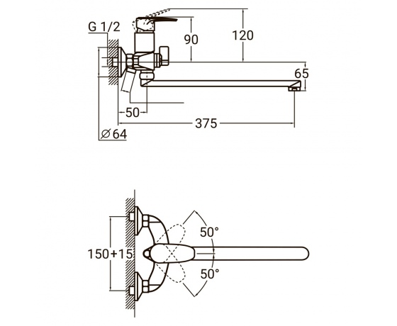 Фото 3 - Смеситель KN Ø40 для ванны гусак прямой 350мм дивертор встроенный картриджный AQUATICA (KN-2C228C)