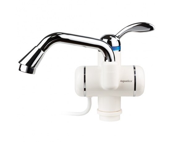 Фото 2 - Кран-водонагреватель проточный LZ 3.0кВт 0,4-5бар для раковины гусак изогнутый длинный на гайке AQUATICA (LZ-5A211W)