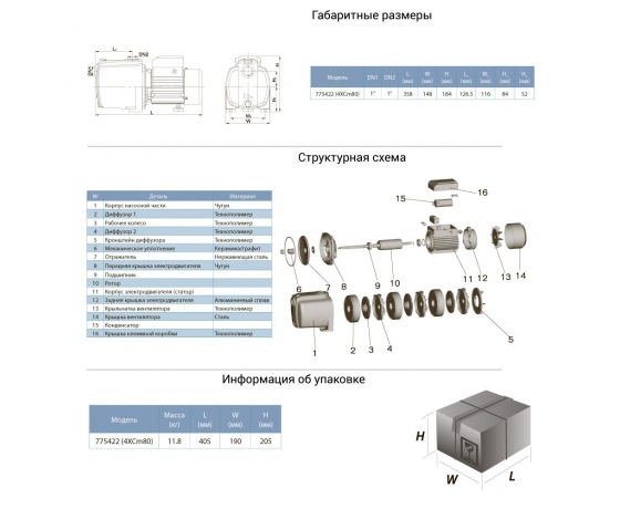 Фото 3 - Насос центробежный многоступенчатый 0.6кВт Hmax 50м Qmax 80л/мин LEO (775422)