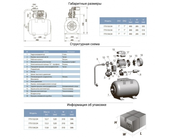 Фото 3 - Станция 0.6кВт Hmax 60м Qmax 50л/мин (вихревой насос) 24л AquaticaLEO (775133/24)