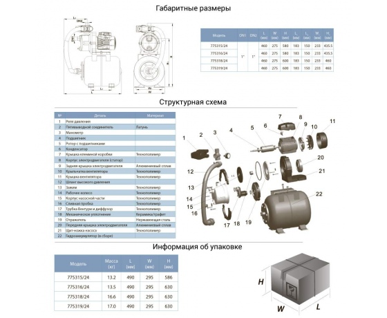 Фото 3 - Станция 0.6кВт Hmax 35м Qmax 50л/мин (самовсасывающий насос нерж) 24л AquaticaLEO (775315/24)