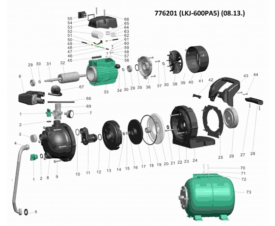 Фото 3 - Станция 0.6кВт Hmax 35м Qmax 50л/мин (самовсасывающий насос) 24л LEO (776201)