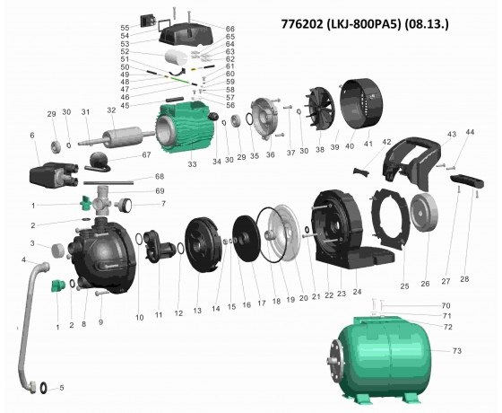 Фото 4 - Станция 0.8кВт Hmax 39м Qmax 50л/мин (самовсасывающий насос) 24л LEO (776202)