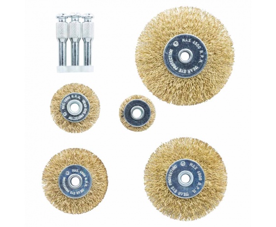 Фото 2 - Набор щеток проволочных 5шт Ø25; 38; 50; 65; 75мм хвостовик Ø6мм (латунированная) GRAD (9029025)