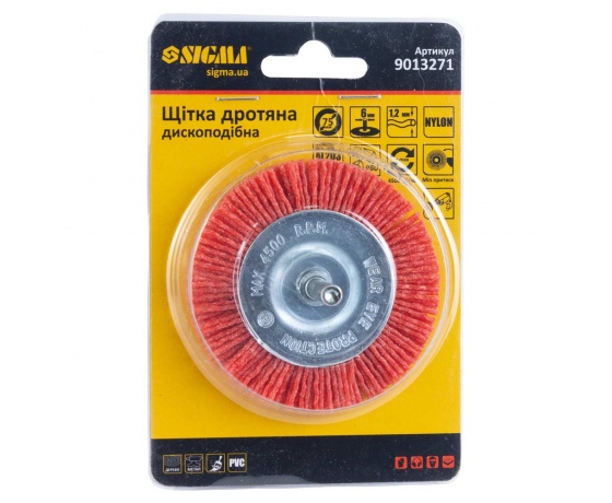 Фото 3 - Щетка проволочная дискообразная Ø75мм хвостовик Ø6мм (нейлоновая) SIGMA (9013271)