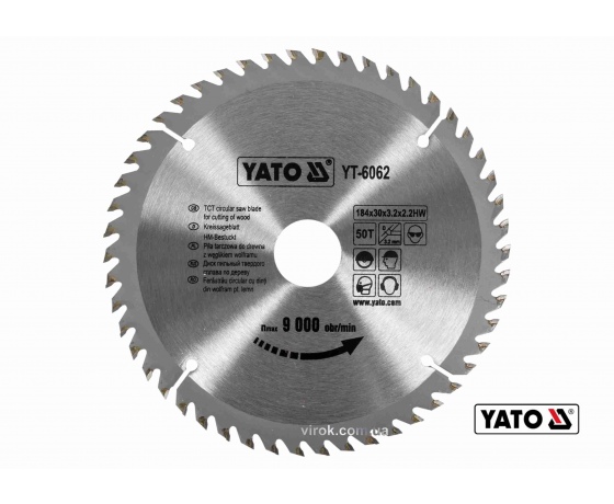 Фото 2 - Диск пиляльний по дереву YATO 184 х 30 х 3.2 х 2.2 мм 50 зубців R.P.M до 9000 1/хв