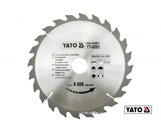 Фото 2 - Диск пиляльний по дереву YATO 200 х 30 x 3.2 x 2.2 мм 24 зубці R.P.M до 8000 1/хв