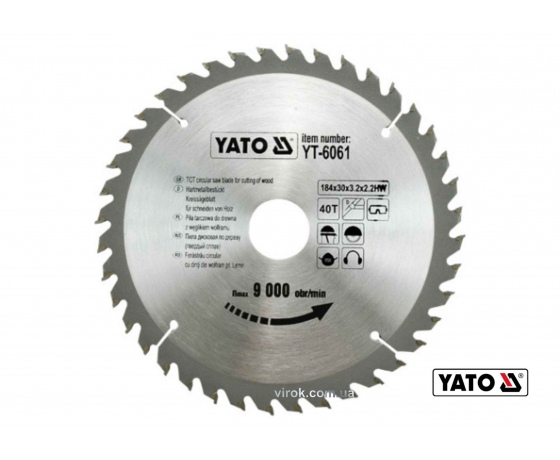 Фото 2 - Диск пиляльний по дереву YATO 184 х 30 х 3.2 х 2.2 мм 40 зубців R.P.M до 9000 1/хв