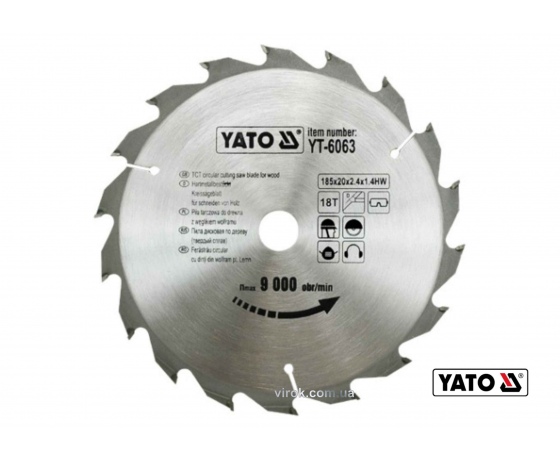 Фото 2 - Диск пиляльний по дереву YATO 185 х 20 х 2.4 х 1.4 мм 18 зубців R.P.M до 9000 1/хв