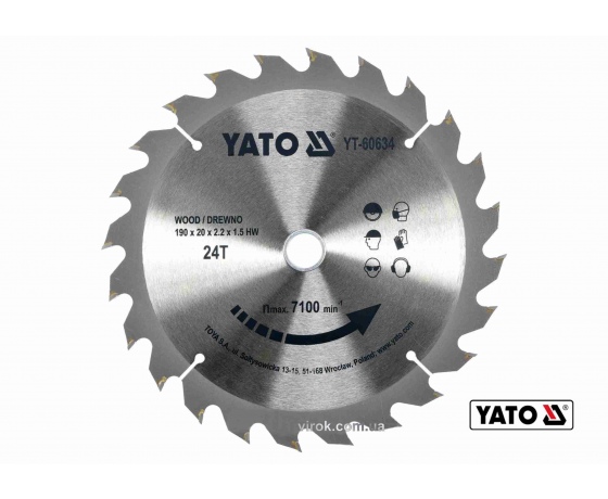 Фото 2 - Диск пиляльний по дереву YATO 190 х 20 x 2.2 x 1.5 мм 24 зубці R.P.M до 7100 1/хв