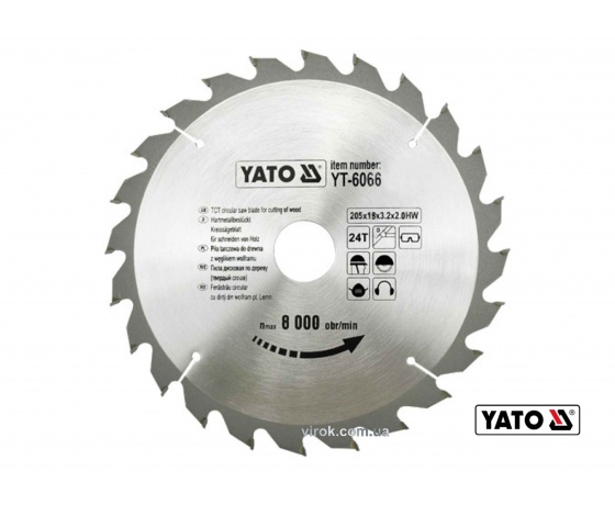 Фото 2 - Диск пиляльний по дереву YATO 205 х 18 х 3.2 x 2 мм 24 зубці R.P.M до 6000 1/хв