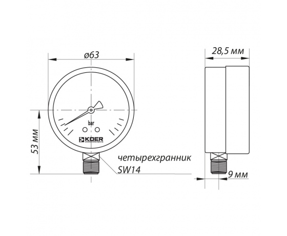 Фото 3 - Манометр радиальный (KOER KM.610R) (0-4 bar), D=63мм, 1/4'' (KR0203)