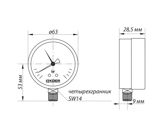 Фото 3 - Манометр радиальный (KOER KM.621R) (0-4 bar), D=63мм, 1/4'' (KR0206)
