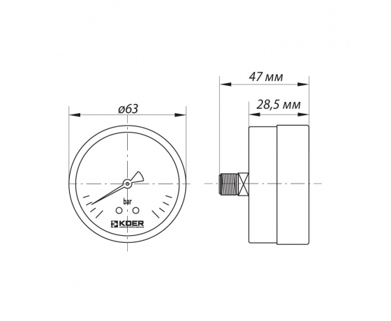 Фото 3 - Манометр аксиальный (KOER KM.611A) (0-6 bar), D=63мм, 1/4'' (KR0211)
