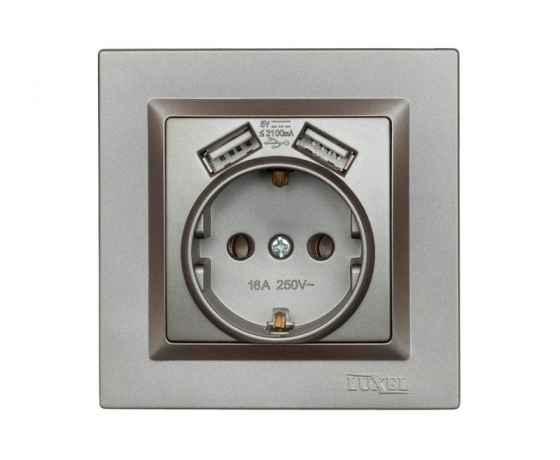 Фото 2 - Розетка с заземлением и двумя usb портами 2,1A Luxel JAZZ (9730) Графитовая
