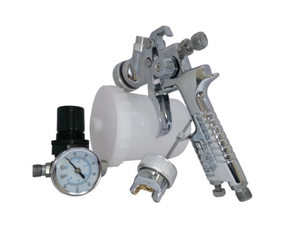 Фото 2 - Набор покрасочный пневматический H-827 с регулятором воздуха тип HVLP верхний пластиковый бачок диаметр форсунок-1,4 и 1,7 мм  AUARITA KIT-H-827-1.4