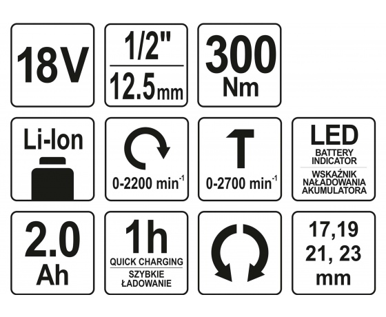 Фото 5 - Гайковерт ударний акумуляторний YATO Li-Ion 18 В 2 Агод 300 Нм + 4 насадки