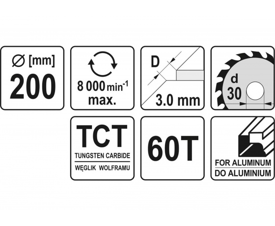 Фото 3 - Диск пильний по алюмінію YATO 200 х 30 х 3.0 х 2.2 мм 60 зубців R.P.M до 8000 1/хв
