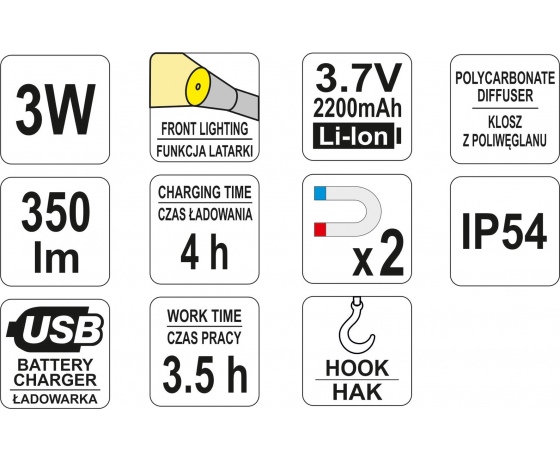 Фото 3 - Ліхтар світлодіодний акумуляторний YATO Li-Ion 3.7 В 2.2 Агод 3+1 Вт 350+100 лм