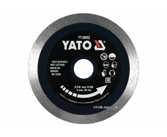 Фото 2 - Диск відрізний алмазний по гресу, склу, кераміці для мокрої різки YATO 125 x 1.6 x 10 x 22.2 мм