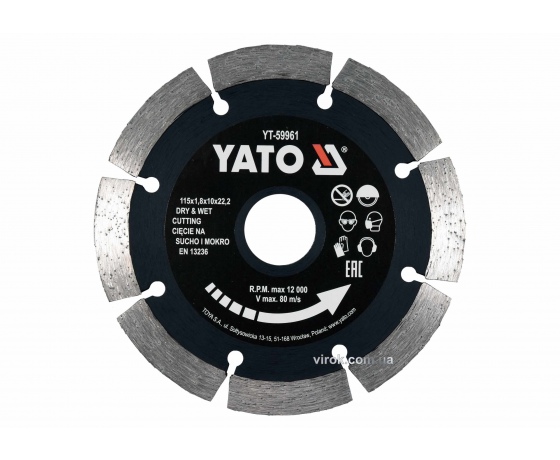 Фото 2 - Диск відрізний алмазний по каменю і бетону для мокрої та сухої різки YATO 115 x 1.8 x 10 x 22.2 мм