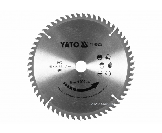 Фото 2 - Диск пиляльний по ПВХ YATO 185 х 20 x 2.5 x 1.5 мм 60 зубців R.P.M до 9000 1/хв