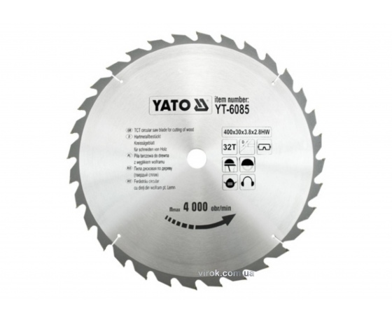 Фото 2 - Диск пиляльний по дереву YATO 400 х 30 x 3.8 x 2.8 мм 32 зубці R.P.M до 4000 1/хв