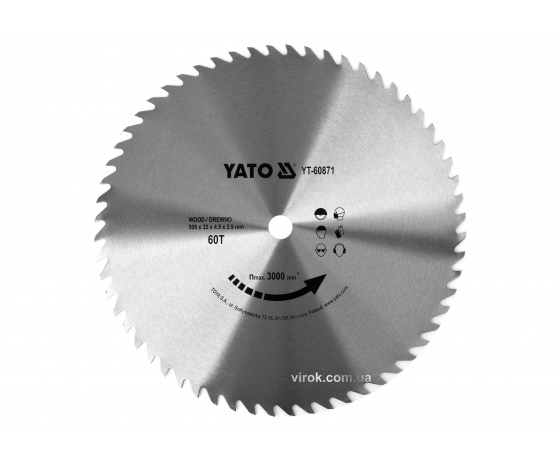 Фото 2 - Диск пиляльний по дереву YATO 500 x 32 x 4.5 x 2.9 мм 60 зубців R.P.M до 3000 1/хв