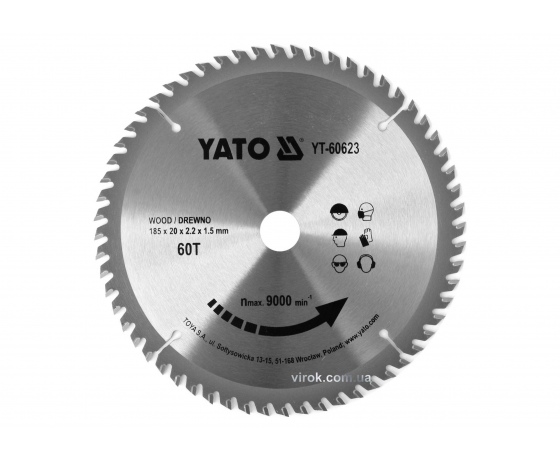 Фото 2 - Диск пиляльний по дереву YATO 185 x 20 x 2.2 x 1.5 мм 60 зубців R.P.M до 9000 1/хв