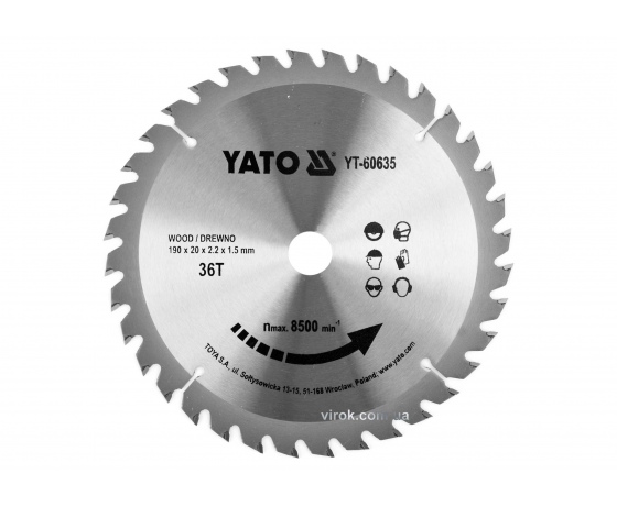 Фото 2 - Диск пиляльний по дереву YATO 190 x 20 x 2.2 x 1.5 мм 36 зубців R.P.M до 8500 1/хв