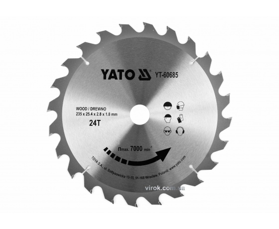 Фото 2 - Диск пиляльний по дереву YATO 235 x 25.4 x 2.8 x 1.8 мм 24 зубці R.P.M до 7000 1/хв