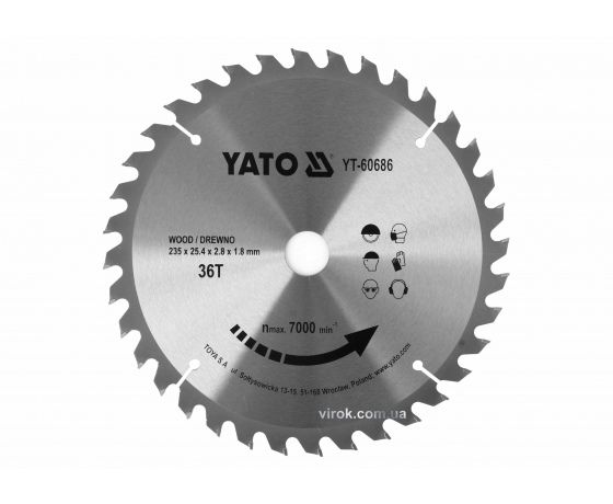 Фото 2 - Диск пиляльний по дереву YATO 235 x 25.4 x 2.8 x 1.8 мм 36 зубців R.P.M до 7000 1/хв