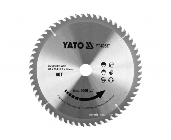 Фото 2 - Диск пиляльний по дереву YATO 235 x 25.4 x 2.8 x 1.8 мм 60 зубців R.P.M до 7000 1/хв