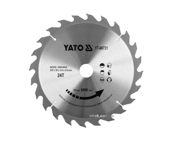 Фото 2 - Диск пиляльний по дереву YATO 255 x 30 x 3 x 2 мм 24 зубці R.P.M до 6000 1/хв