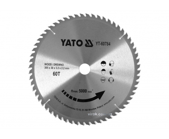 Фото 2 - Диск пиляльний по дереву YATO 305 x 30 x 3.2 x 2.2 мм 60 зубців R.P.M до 5000 1/хв