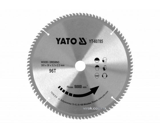 Фото 2 - Диск пиляльний по дереву YATO 305 x 30 x 3.2 x 2.2 мм 96 зубців R.P.M до 5000 1/хв