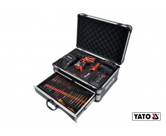 Фото 2 - Дриль-шуруповерт ударний акумуляторний YATO 2 x Li-Ion 18 В + свердла + фрези + викруткові насадки + кейс