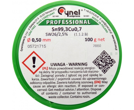 Фото 3 - Припій без свинцю CYNEL, : Ø0,5 мм, Sn99,3-Cu0,7 дротяний на котушці з флюсом 100 г
